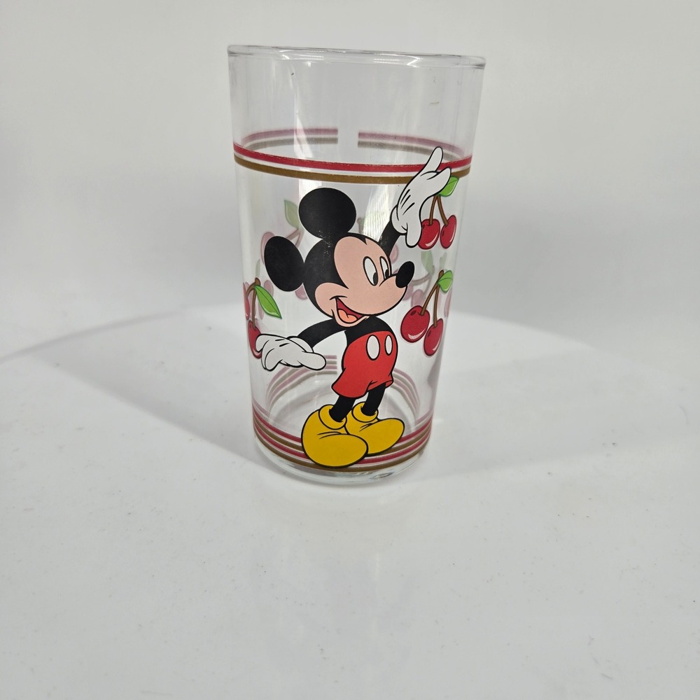 Disney Mickey Mouse Cherry Glass Tumbler Vintage Clear Drinking Glass Red Gold
